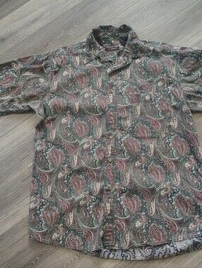 Roundtree & Yorke Casual Paisley Button-Down Shirt - Green & Burgandy Medium